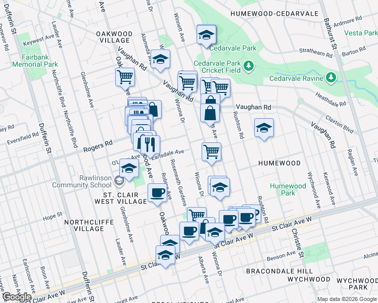 map of restaurants, bars, coffee shops, grocery stores, and more near 345 Winona Drive in Toronto