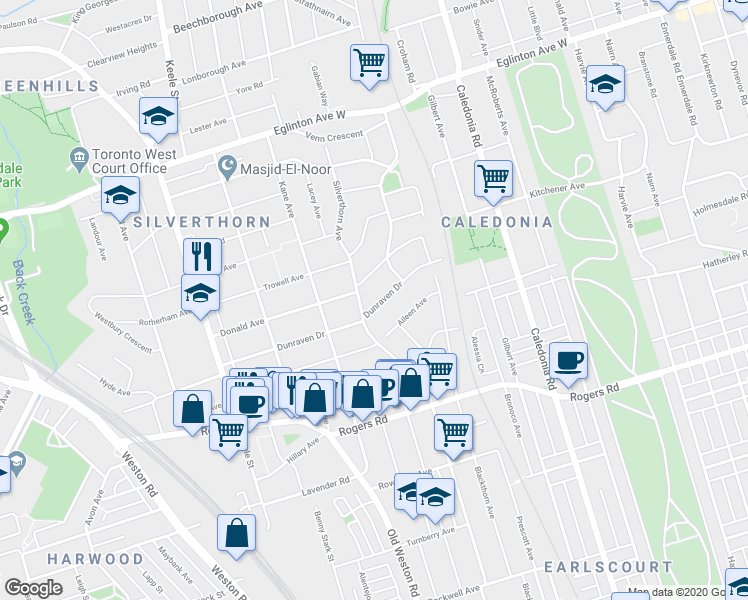 map of restaurants, bars, coffee shops, grocery stores, and more near 74 Dunraven Drive in Toronto