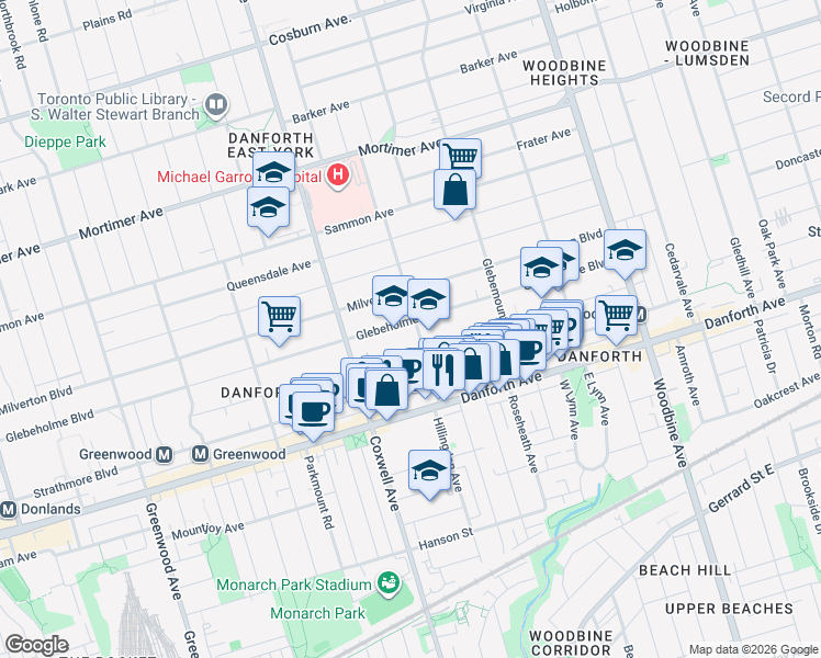 map of restaurants, bars, coffee shops, grocery stores, and more near 66 Woodington Avenue in Toronto