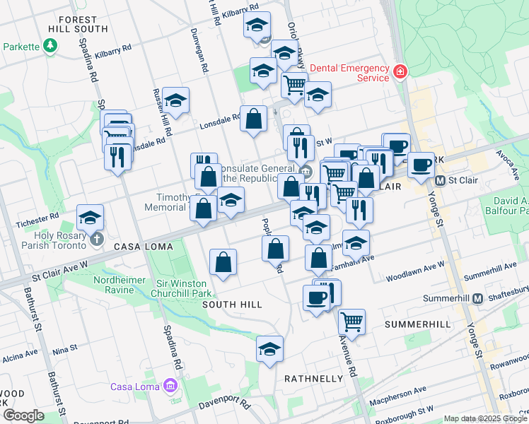 map of restaurants, bars, coffee shops, grocery stores, and more near 195 St Clair Ave W in Toronto