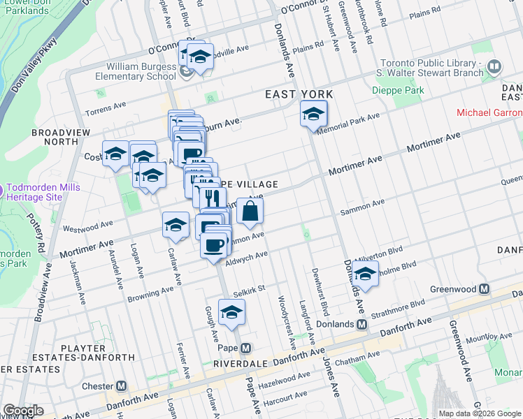 map of restaurants, bars, coffee shops, grocery stores, and more near 157 Woodycrest Avenue in Toronto