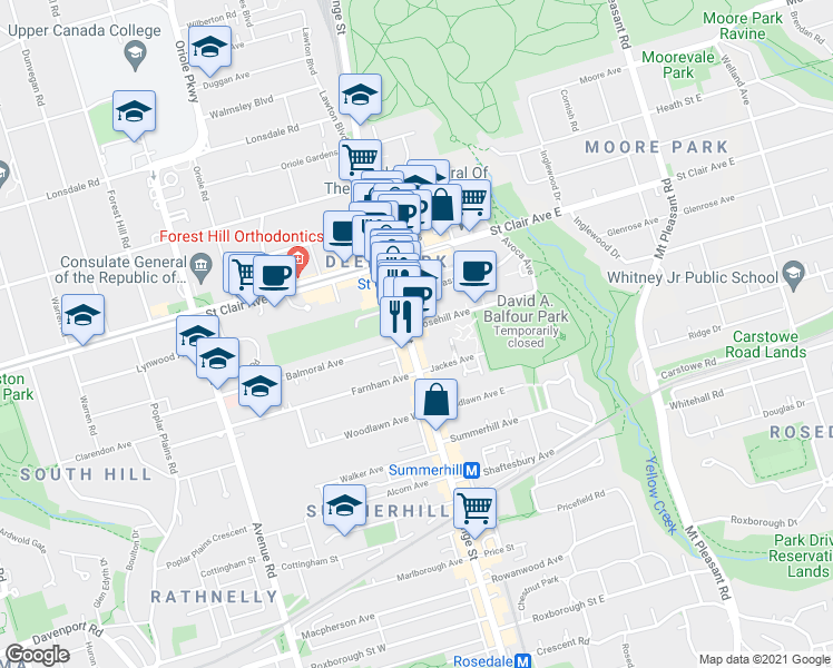 map of restaurants, bars, coffee shops, grocery stores, and more near 1366 Yonge Street in Toronto