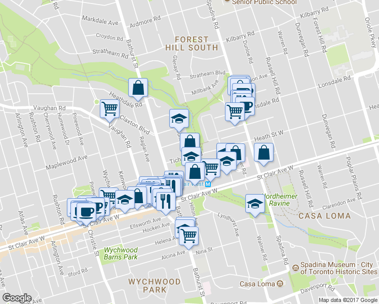 map of restaurants, bars, coffee shops, grocery stores, and more near in Toronto