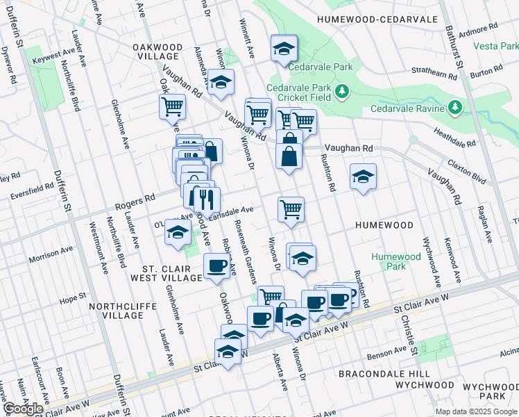 map of restaurants, bars, coffee shops, grocery stores, and more near 345 Winona Drive in Toronto