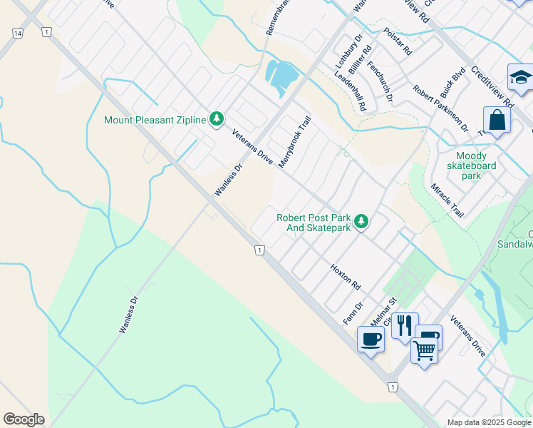 map of restaurants, bars, coffee shops, grocery stores, and more near 44 Hogan Manor Drive in Brampton