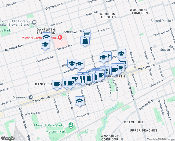 map of restaurants, bars, coffee shops, grocery stores, and more near 270 Wolverleigh Boulevard in Toronto