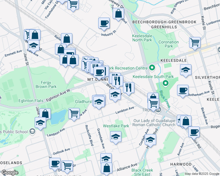 map of restaurants, bars, coffee shops, grocery stores, and more near 1110 Weston Road in Toronto