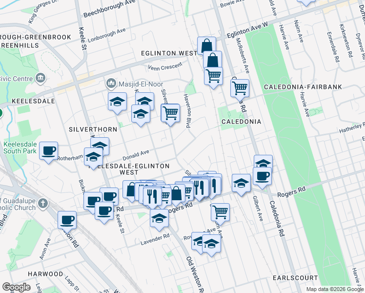 map of restaurants, bars, coffee shops, grocery stores, and more near 70 Dunraven Drive in Toronto