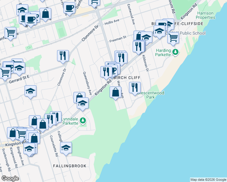 map of restaurants, bars, coffee shops, grocery stores, and more near 60 Haig Avenue in Toronto