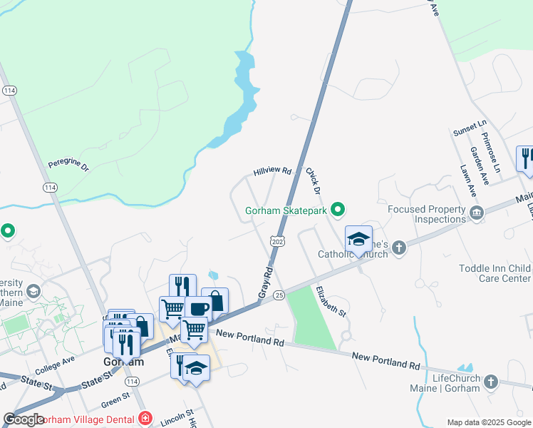 map of restaurants, bars, coffee shops, grocery stores, and more near 54 Gray Road in Gorham