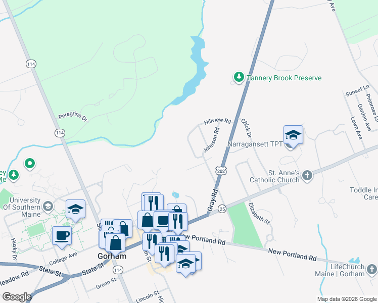 map of restaurants, bars, coffee shops, grocery stores, and more near 14 Hillview Road in Gorham