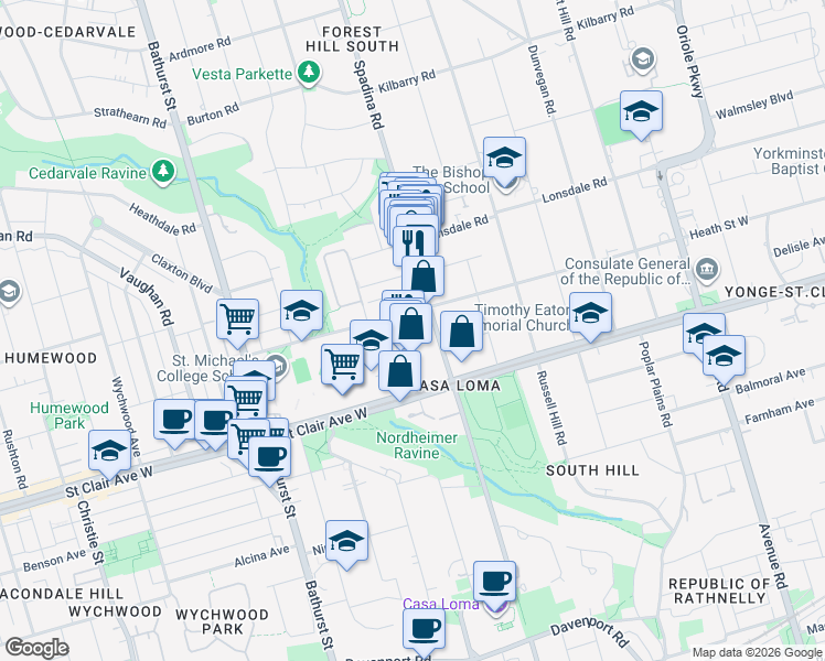map of restaurants, bars, coffee shops, grocery stores, and more near 449 Walmer Road in Toronto