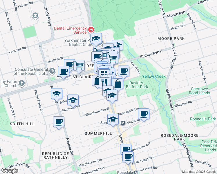 map of restaurants, bars, coffee shops, grocery stores, and more near 5 Rosehill Avenue in Toronto