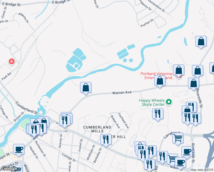 map of restaurants, bars, coffee shops, grocery stores, and more near 161 Warren Avenue in Westbrook