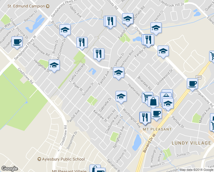 map of restaurants, bars, coffee shops, grocery stores, and more near 35 Continental Road in Brampton