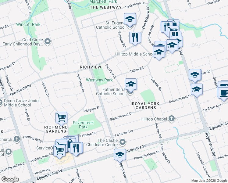map of restaurants, bars, coffee shops, grocery stores, and more near 19 Brook Tree Crescent in Toronto