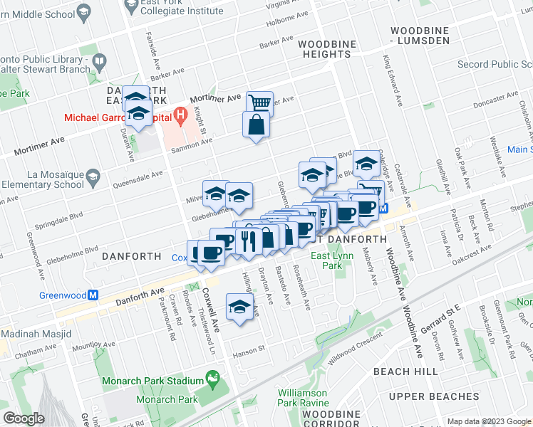 map of restaurants, bars, coffee shops, grocery stores, and more near 274 Wolverleigh Boulevard in Toronto