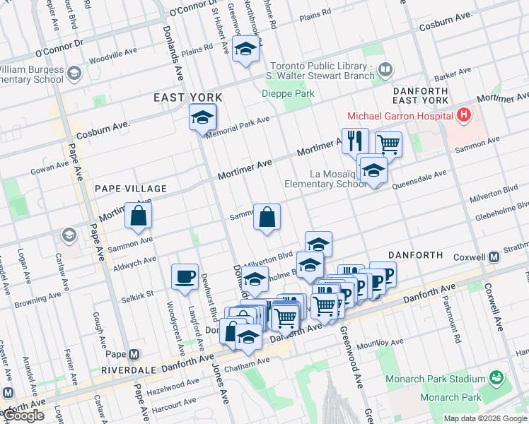 map of restaurants, bars, coffee shops, grocery stores, and more near 269 Sammon Avenue in Toronto