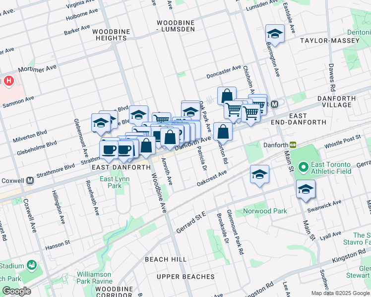 map of restaurants, bars, coffee shops, grocery stores, and more near in Toronto