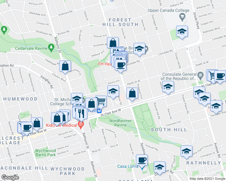 map of restaurants, bars, coffee shops, grocery stores, and more near 400 Spadina Road in Toronto