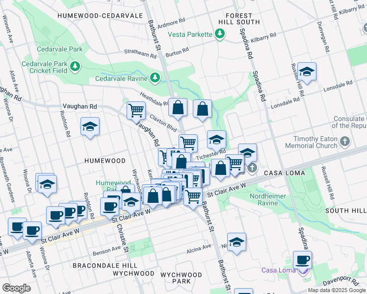map of restaurants, bars, coffee shops, grocery stores, and more near 165 Vaughan Road in Toronto