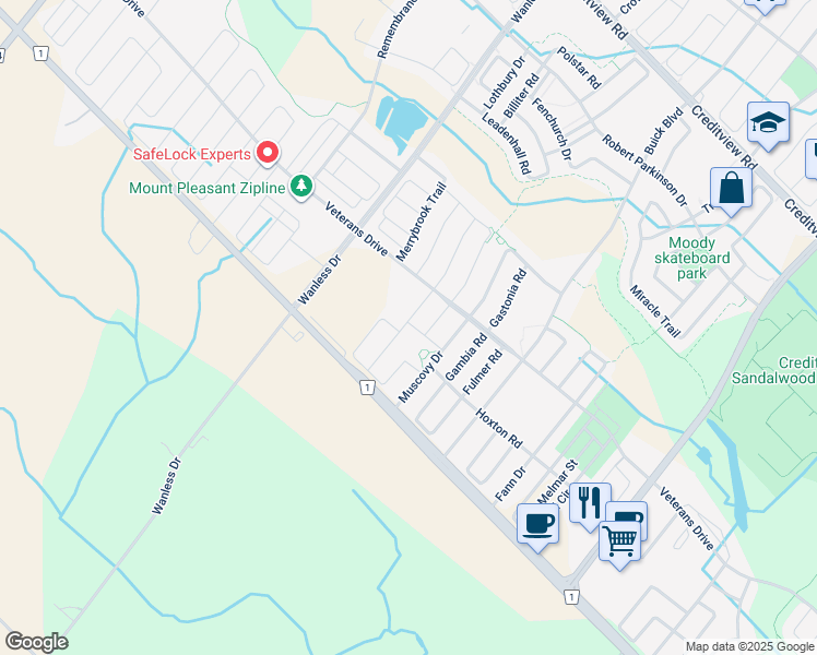 map of restaurants, bars, coffee shops, grocery stores, and more near 44 Hogan Manor Drive in Brampton