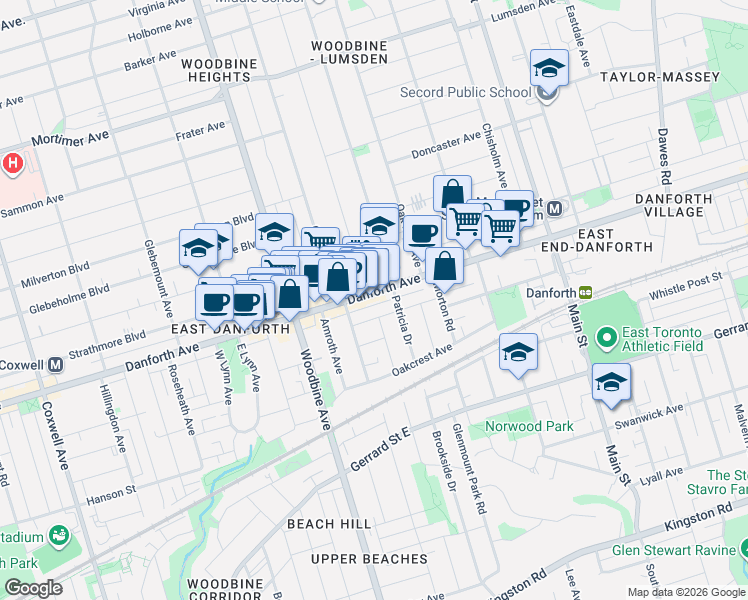 map of restaurants, bars, coffee shops, grocery stores, and more near 2215 Danforth Avenue in Toronto