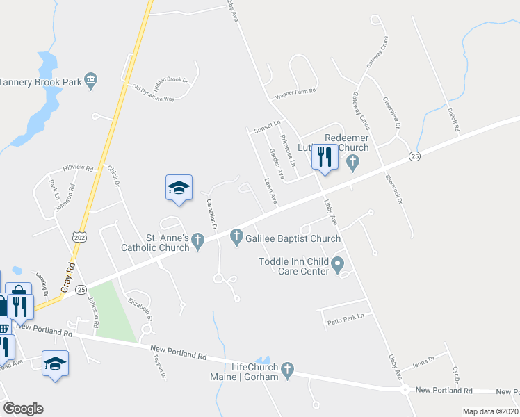 map of restaurants, bars, coffee shops, grocery stores, and more near 308 Main Street in Gorham