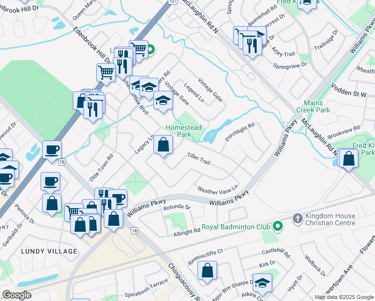 map of restaurants, bars, coffee shops, grocery stores, and more near 95 Tiller Trail in Brampton
