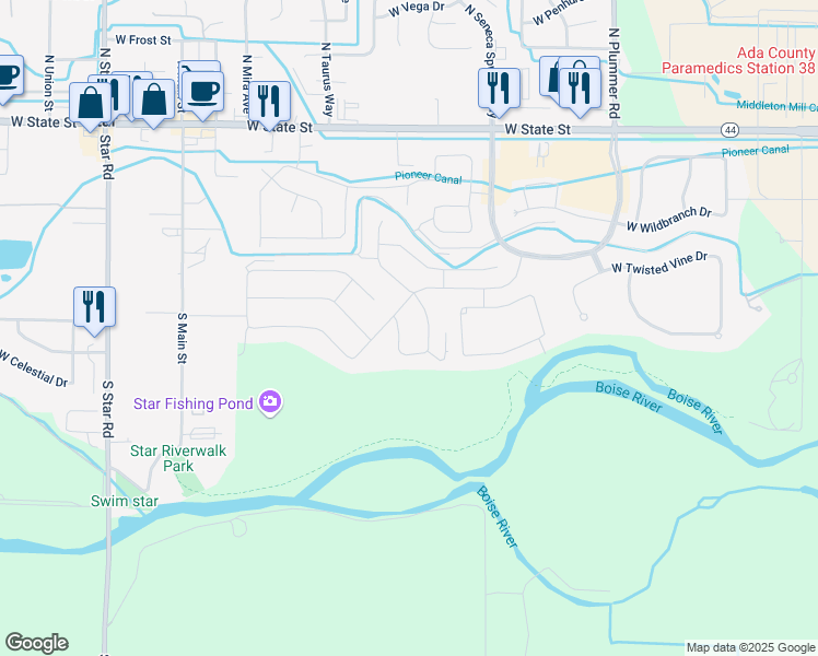 map of restaurants, bars, coffee shops, grocery stores, and more near 633 South Aspen Lakes Place in Star