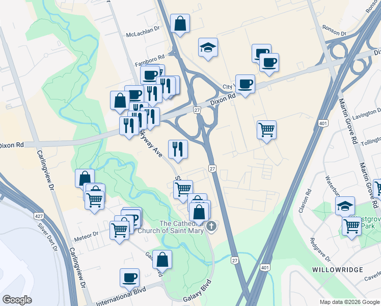 map of restaurants, bars, coffee shops, grocery stores, and more near 89 Skyway Avenue in Toronto