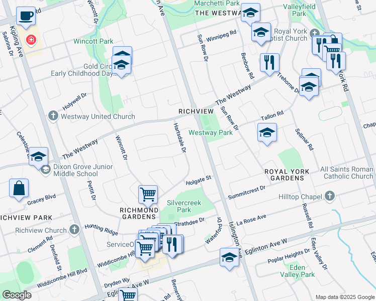 map of restaurants, bars, coffee shops, grocery stores, and more near 27 Hartsdale Drive in Toronto