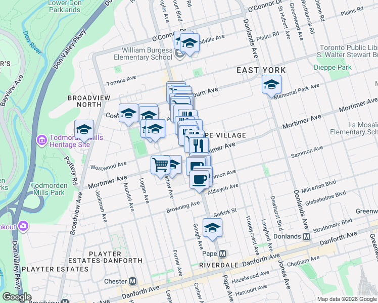 map of restaurants, bars, coffee shops, grocery stores, and more near 928 Pape Avenue in Toronto