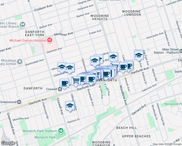 map of restaurants, bars, coffee shops, grocery stores, and more near 301 Wolverleigh Boulevard in Toronto