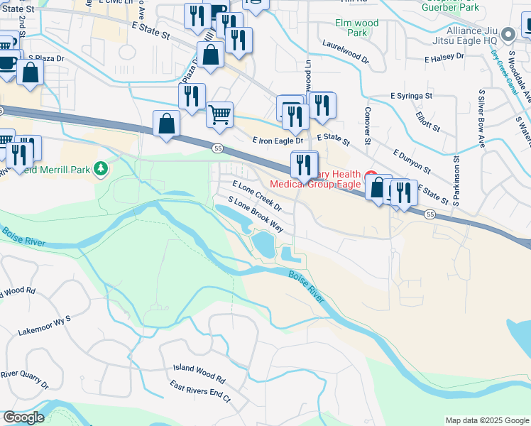 map of restaurants, bars, coffee shops, grocery stores, and more near 1369 East Lone Shore Drive in Eagle