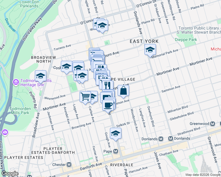 map of restaurants, bars, coffee shops, grocery stores, and more near 222 Mortimer Avenue in Toronto