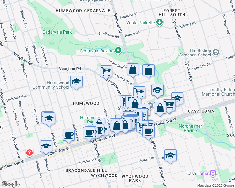 map of restaurants, bars, coffee shops, grocery stores, and more near 172 Vaughan Road in Toronto