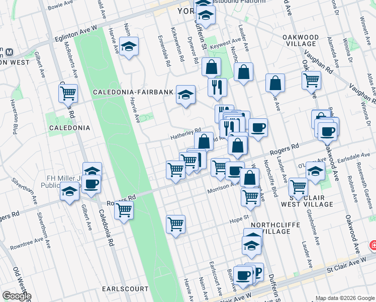 map of restaurants, bars, coffee shops, grocery stores, and more near 53 Eversfield Road in Toronto