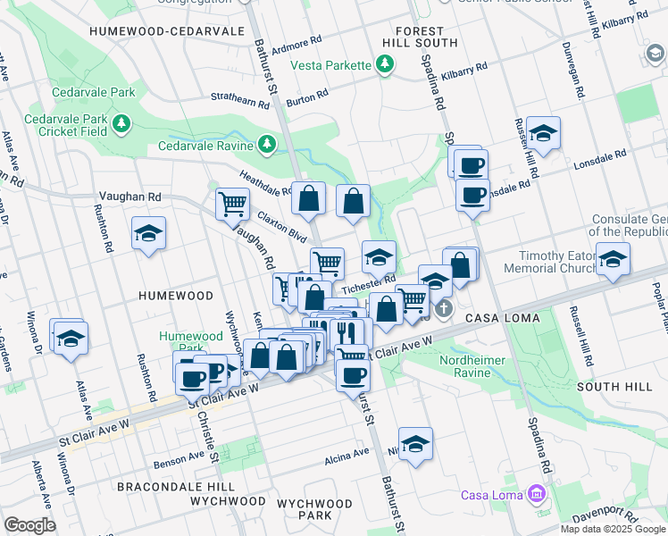 map of restaurants, bars, coffee shops, grocery stores, and more near 1545 Bathurst Street in Toronto