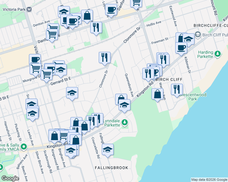 map of restaurants, bars, coffee shops, grocery stores, and more near 27 Ferncroft Drive in Toronto