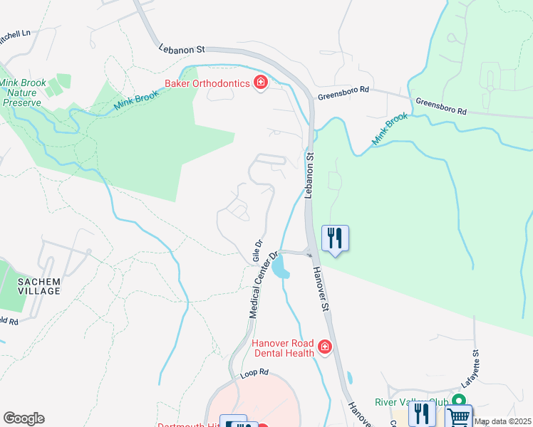 map of restaurants, bars, coffee shops, grocery stores, and more near Gile Drive in Hanover