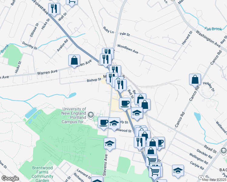 map of restaurants, bars, coffee shops, grocery stores, and more near 805 Stevens Avenue in Portland
