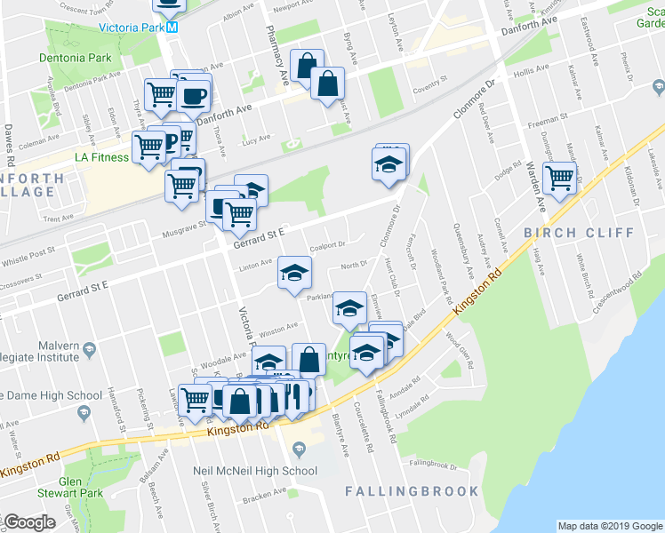 map of restaurants, bars, coffee shops, grocery stores, and more near 14 North Drive in Toronto
