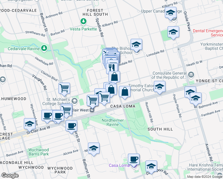 map of restaurants, bars, coffee shops, grocery stores, and more near in Toronto