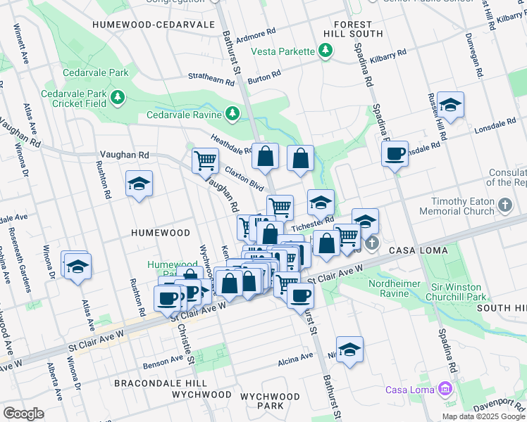 map of restaurants, bars, coffee shops, grocery stores, and more near 165 Vaughan Road in Toronto