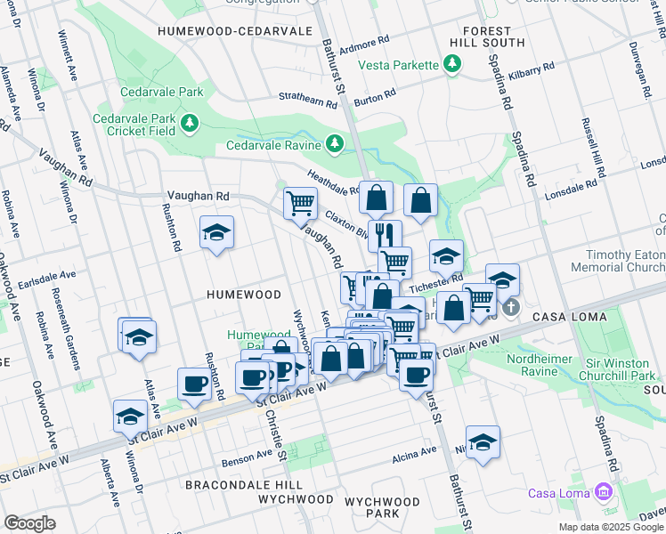 map of restaurants, bars, coffee shops, grocery stores, and more near in Toronto