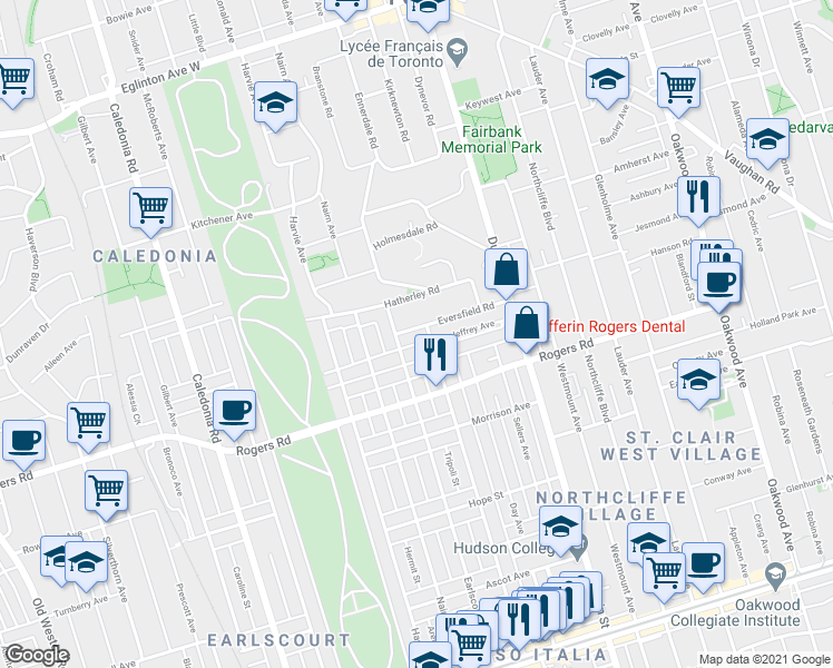 map of restaurants, bars, coffee shops, grocery stores, and more near in Toronto
