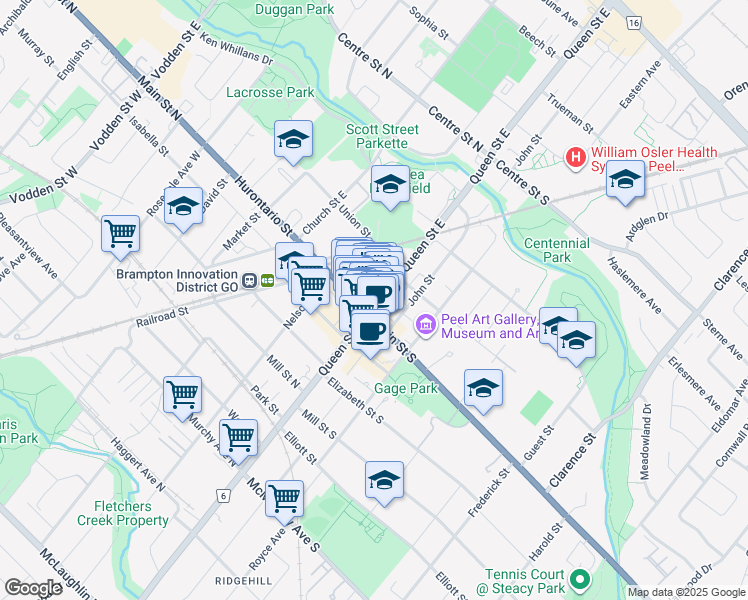 map of restaurants, bars, coffee shops, grocery stores, and more near in Brampton