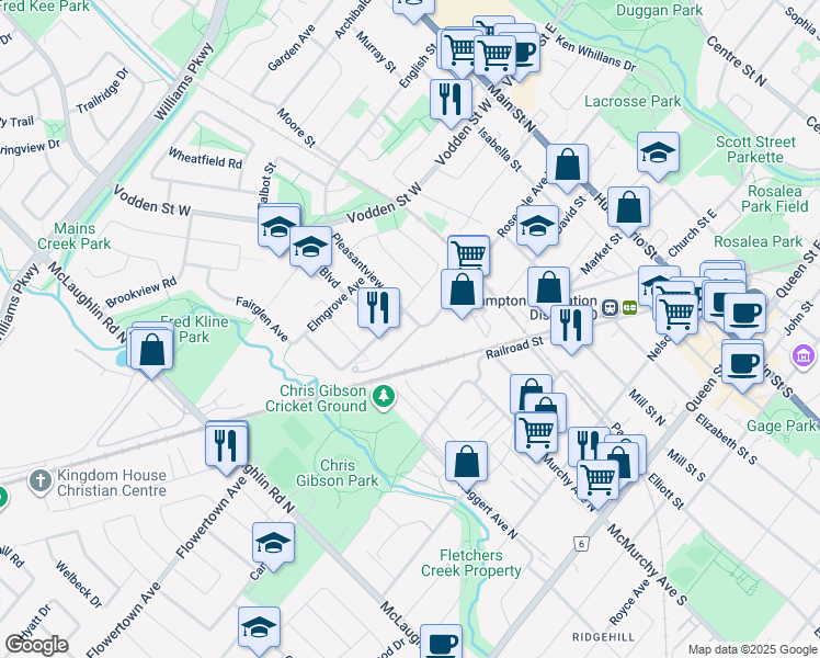 map of restaurants, bars, coffee shops, grocery stores, and more near 1 Pleasantview Avenue in Brampton