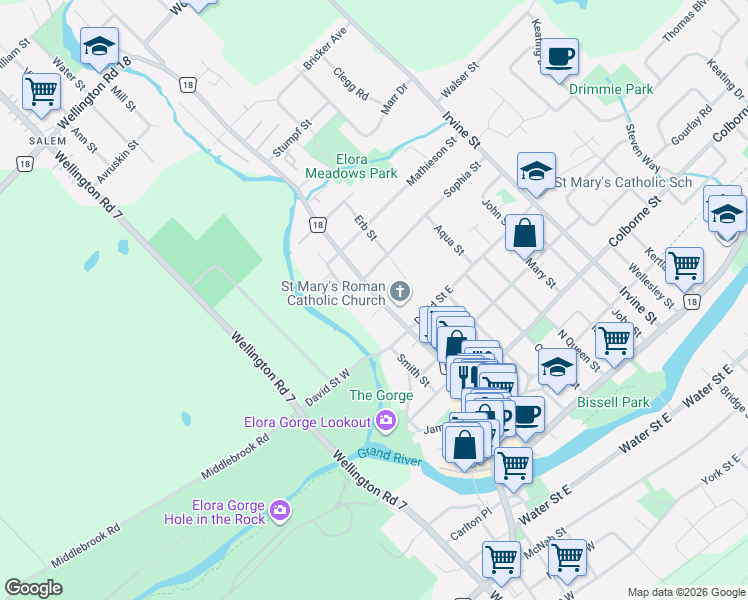 map of restaurants, bars, coffee shops, grocery stores, and more near 274 Geddes Street in Elora